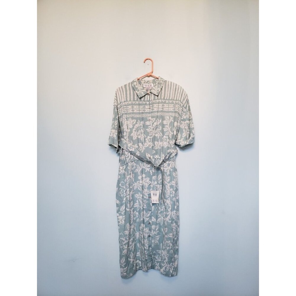 Vtg Together! Women 18 Midi Dress 100% Rayon Floral Blue Short Sleeve Belted NWT